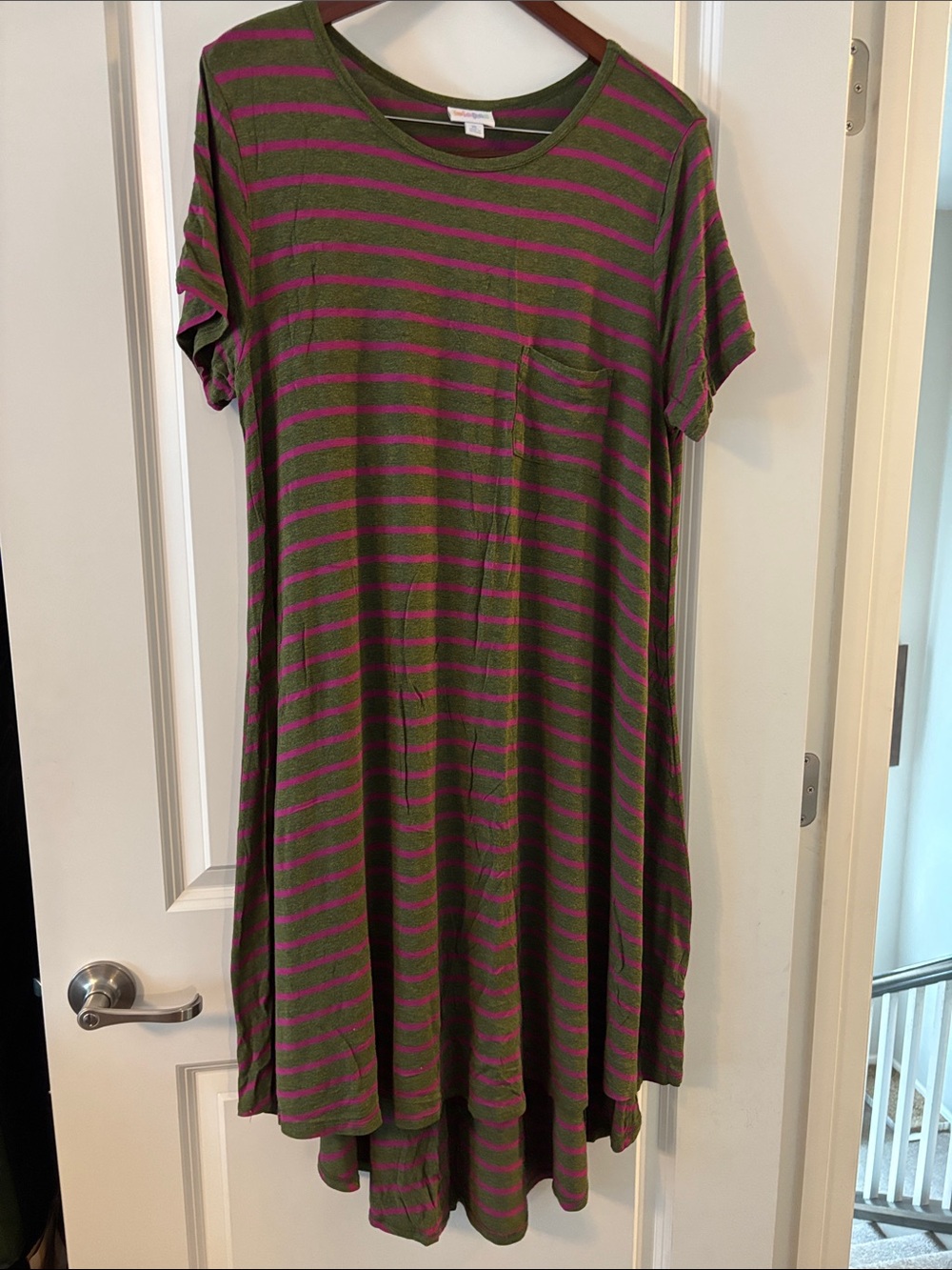 LuLaRoe Olive Green and Magenta Striped High-Low Carly Dress